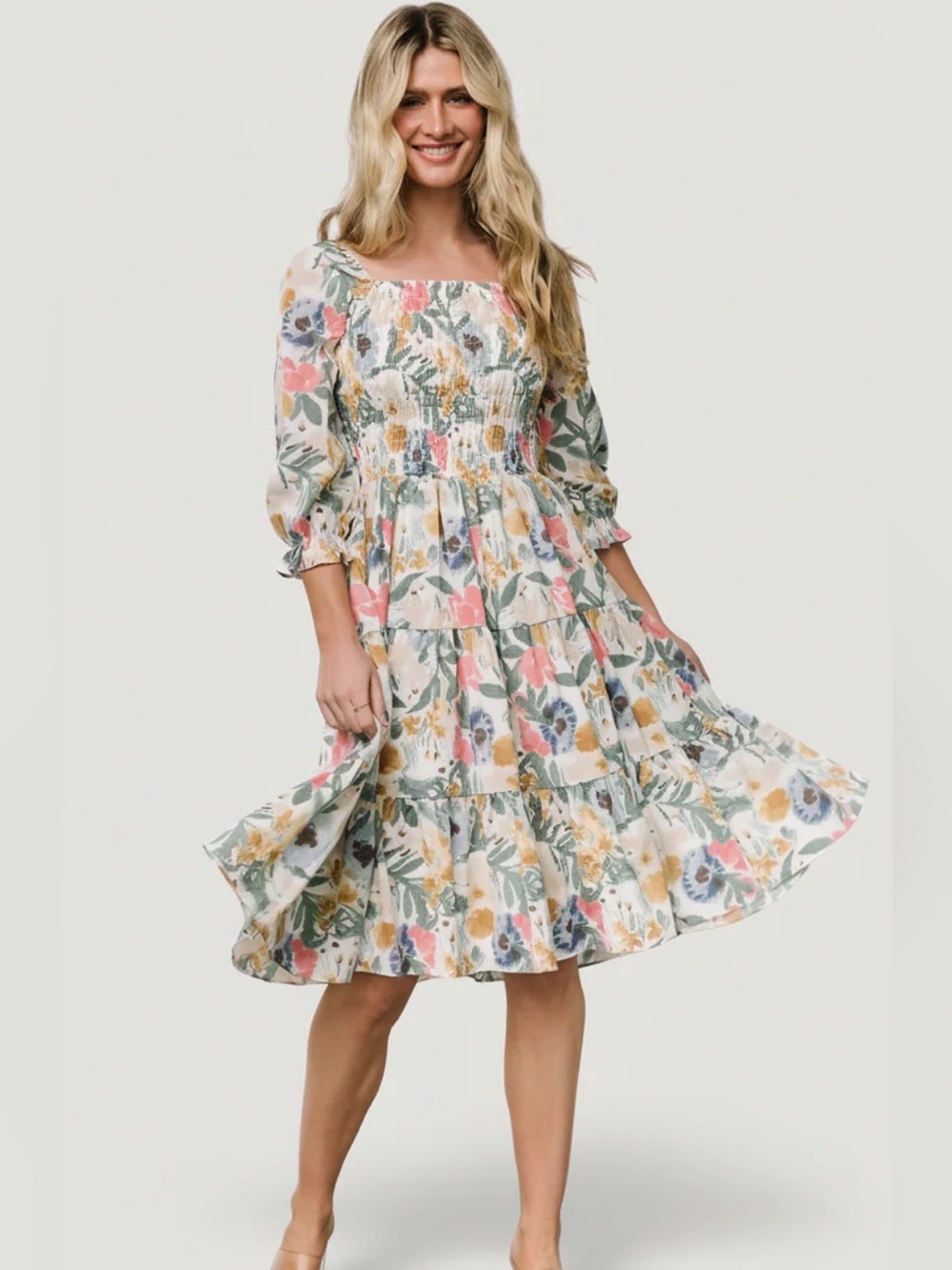 Baltic Born Marta Smocked Midi Dress Multi Floral L Cottagecore prairie party